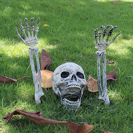 AISENO Realistic Skeleton Stakes – Creepy Halloween Lawn &amp; Garden Decorations | Skull and Hand Bone Yard Stakes for Spooky Graveyard Outdoor Display