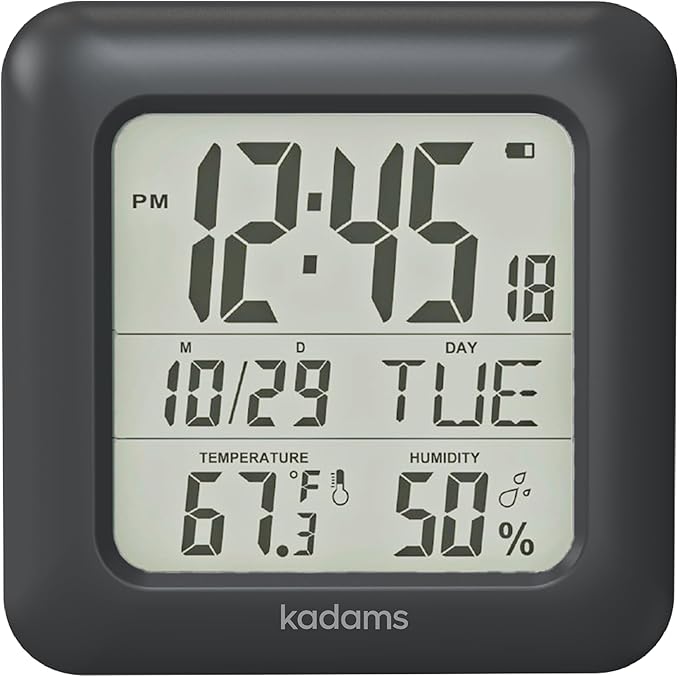 KADAMS Bathroom Digital Clock – Waterproof Shower Wall Clock with Temperature, Humidity & Calendar (Silver)