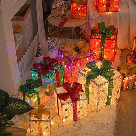Christmas Lighted Gift Boxes Set of 3 – White Mesh Star Design, 60 LED Light-Up Present Boxes with 8 Flashing Modes, Indoor Outdoor Xmas Decorations by FYKEY
