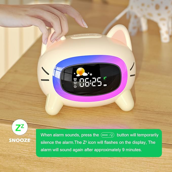 ANALOI Kids Alarm Clock – Cat Night Light Clock with Sleep Training, Sound Machine, Snooze &amp; Mood Light for Bedroom (Cute Cat Design)