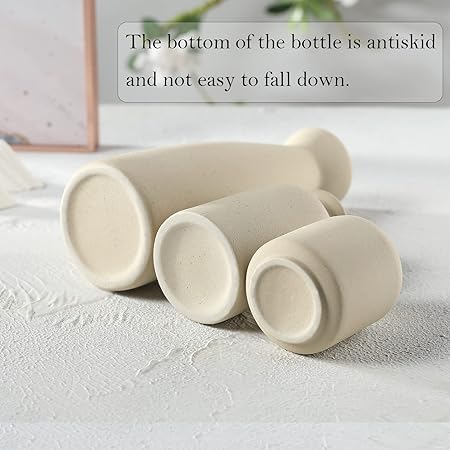 CEMABT Beige Ceramic Vase Set of 3 – Boho Farmhouse Small Decorative Vases for Dried Flowers & Pampas Grass