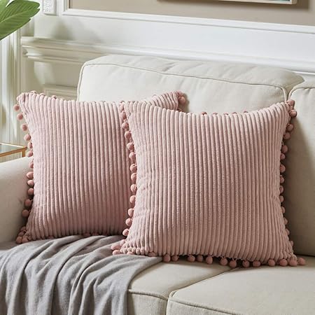 Fancy Homi 2-Pack Corduroy Pillow Covers with Pom-Poms – 18x18 Decorative Cushion Cases