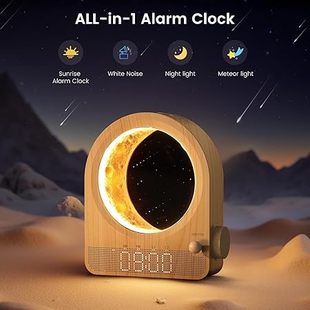 Sunrise Alarm Clock with White Noise & Meteor Moonlight – Dual Alarms, 10 Sounds, Snooze &amp; Timer