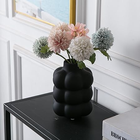 Mowtanco Black Ceramic Vase – Small Round Decorative Flower Vase for Centerpieces, Modern Boho Home Décor, Sculptural Three-Layer Design – 6.7” Tall