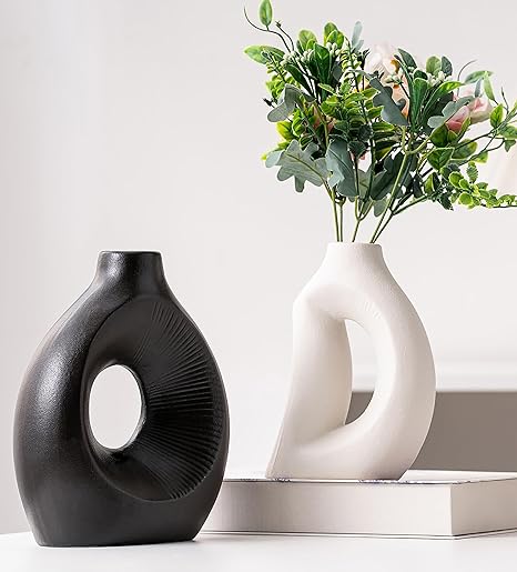 VASETOPIA Ceramic Vase Set of 2 – Minimalist Nordic Hollow Vases (Black/White)