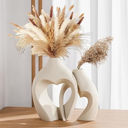 Zormon White Heart-Shaped Ceramic Vase Set of 2 – Nordic Minimalist Decorative Vases for Table Centerpiece, Living Room, Wedding &amp; Office Décor