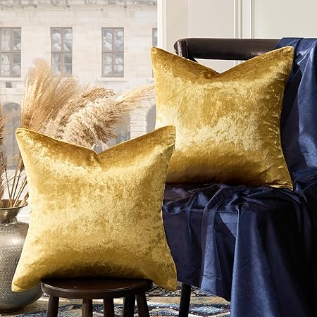 Gold Velvet Decorative Throw Pillow Covers – 18x18” Set of 2, Soft Cushion Covers for Couch, Sofa &amp; Bed