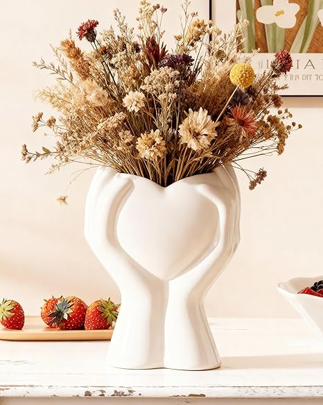VUZDVJO Heart Hands Love Small White Ceramic Vase – Unique Modern Flower Vase for Tulips, Roses &amp; Pampas Grass | Elegant Table, Shelf &amp; Mantle Décor | Perfect Gift for Mom or Wife