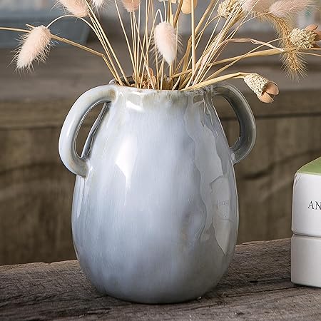 Tanvecle Blue Ceramic Vase with Handles – Rustic Farmhouse Pottery Flower Vase for Home, Dining Table &amp; Centerpieces | 7-Inch Decorative Terracotta-Style Vase