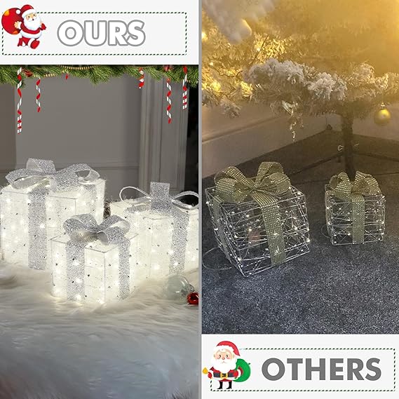 Christmas Lighted Gift Boxes Set of 3 – 140 LED Light-Up Presents with 8 Modes &amp; Timer, Cool White Metal Frame Christmas Decorations for Indoor &amp; Outdoor by Quntis