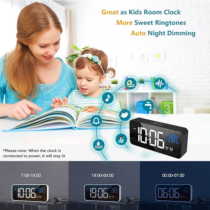 Véfaîî Digital Alarm Clock with Large 5.7" LED Temperature Display, Dual Alarm, Snooze, 4-Level Brightness Dimmer, USB Charging, Battery Backup &amp; Modern Mirror Design – Black