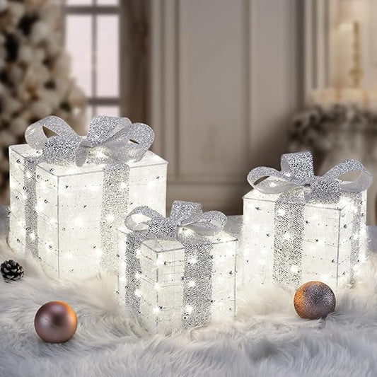 Christmas Lighted Gift Boxes Set of 3 – 140 LED Light-Up Presents with 8 Modes &amp; Timer, Cool White Metal Frame Christmas Decorations for Indoor &amp; Outdoor by Quntis