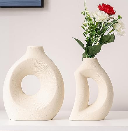 VASETOPIA Ceramic Vase Set of 2 – Minimalist Nordic Hollow Vases (Black/White)