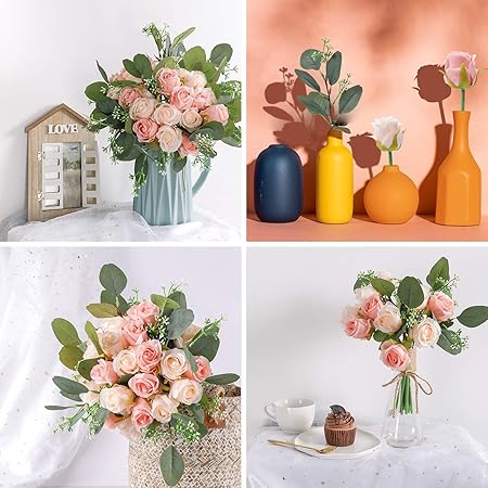Ageomet 17pcs Artificial Rose Flowers, 12 Silk Fake Flowers Rose and 5 Artificial Eucalyptus Leaves Stems in Bulk, for Home Bridal Wedding Party Festival Decor