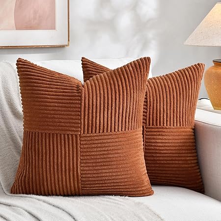 Fancy Homi Patchwork Corduroy Throw Pillow Covers – Farmhouse Style Decorative Cushions for Couch &amp; Bed (Set of 2, 18″×18″)