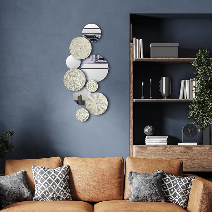 Blulu 9 Pcs White & Gold Mirror Wall Décor – Round Metal Accent Mirrors & Plates, Modern Home Art Sculpture for Living Room, Bedroom, Office