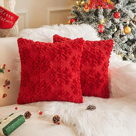 KEOYA Christmas Tree Pillow Covers 2 Pack – Soft Plush Faux Fur Jacquard Cushion Covers, White 40x40 cm Decorative Throw Pillows for Sofa, Bed &amp; Holiday Home Décor