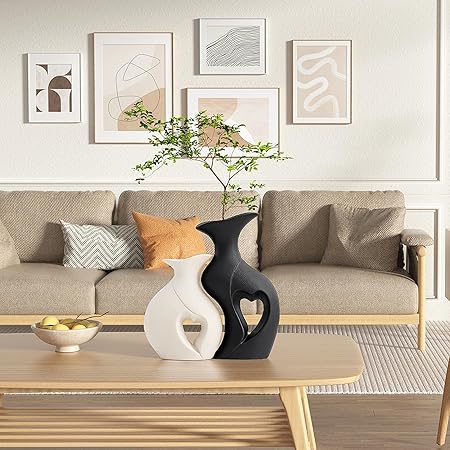 Black and White Heart Shape Ceramic Vase Set of 2 – Modern Boho Hollow Vases | Nordic Minimalist Decorative Flower Vases for Living Room, Shelf, Fireplace &amp; Table Décor