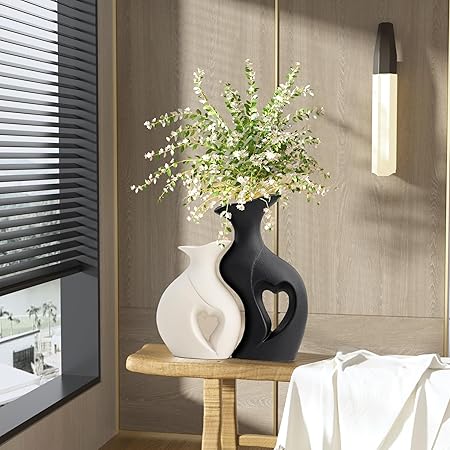 Black and White Heart Shape Ceramic Vase Set of 2 – Modern Boho Hollow Vases | Nordic Minimalist Decorative Flower Vases for Living Room, Shelf, Fireplace &amp; Table Décor