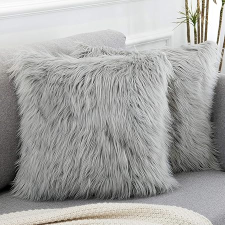WLNUI Decorative Light Gray Fluffy Pillow Covers – Set of 2 Luxury Merino-Style Faux Fur Cushion Covers, Soft Velvet Back, 16x16 Inch Modern Throw Pillowcases for Sofa, Bed &amp; Living Room
