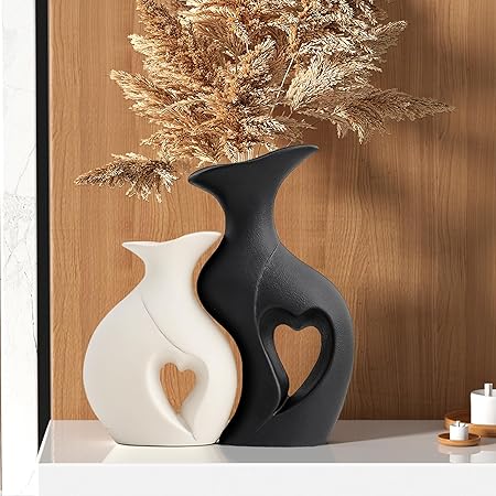 Black and White Heart Shape Ceramic Vase Set of 2 – Modern Boho Hollow Vases | Nordic Minimalist Decorative Flower Vases for Living Room, Shelf, Fireplace &amp; Table Décor
