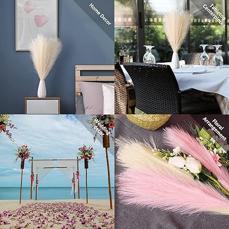 EVODIS Faux Pampas Grass 18” (45cm) – 6 Stems Fluffy Artificial Pampas for Home & Wedding Décor, Boho Chic Vase Filler (White)