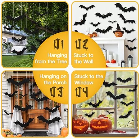 Oolong 12-Pack 3D Hanging Bats Halloween Decorations – Waterproof Flying Bats with Glowing Eyes for Outdoor &amp; Indoor Spooky Decor (3 Styles)