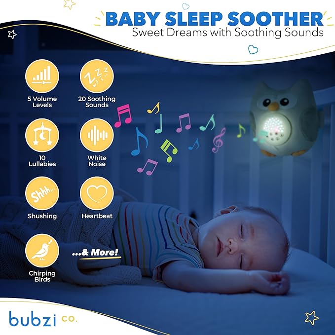 Bubzi Co Portable Owl Soother & Night Light Projector – Baby Sound Machine with White Noise &amp; Lullabies