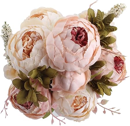 Duovlo Artificial Peony Silk Flowers Bouquet – Vintage Light Pink Fake Flowers for Wedding, Home &amp; Table Décor (Pack of 1)
