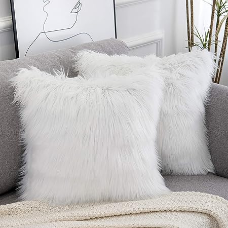 WLNUI Decorative Light Gray Fluffy Pillow Covers – Set of 2 Luxury Merino-Style Faux Fur Cushion Covers, Soft Velvet Back, 16x16 Inch Modern Throw Pillowcases for Sofa, Bed &amp; Living Room