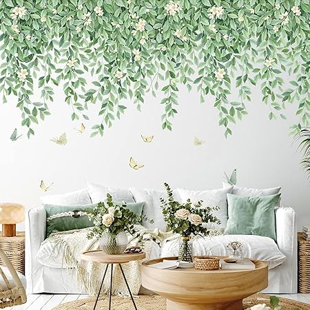 Green Hanging Vine Wall Stickers – Nature Plants & Leaves Wall Decals (2 Sheets)