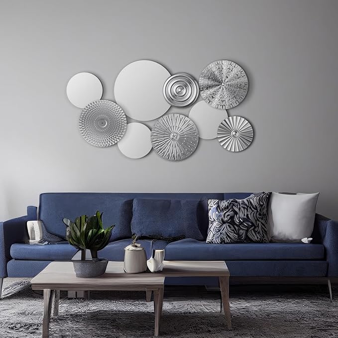 Blulu 9 Pcs White & Gold Mirror Wall Décor – Round Metal Accent Mirrors & Plates, Modern Home Art Sculpture for Living Room, Bedroom, Office