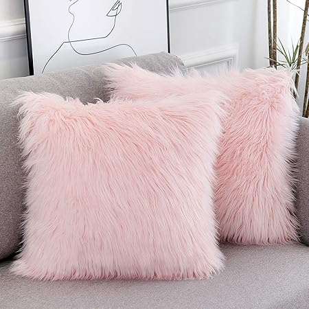 WLNUI Decorative Light Gray Fluffy Pillow Covers – Set of 2 Luxury Merino-Style Faux Fur Cushion Covers, Soft Velvet Back, 16x16 Inch Modern Throw Pillowcases for Sofa, Bed &amp; Living Room