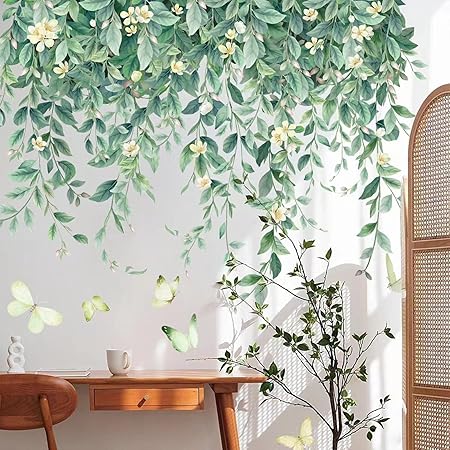 Green Hanging Vine Wall Stickers – Nature Plants & Leaves Wall Decals (2 Sheets)