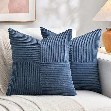 Fancy Homi Patchwork Corduroy Throw Pillow Covers – Farmhouse Style Decorative Cushions for Couch &amp; Bed (Set of 2, 18″×18″)