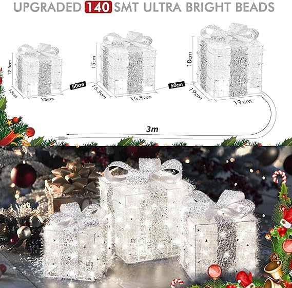 Christmas Lighted Gift Boxes Set of 3 – 140 LED Light-Up Presents with 8 Modes &amp; Timer, Cool White Metal Frame Christmas Decorations for Indoor &amp; Outdoor by Quntis