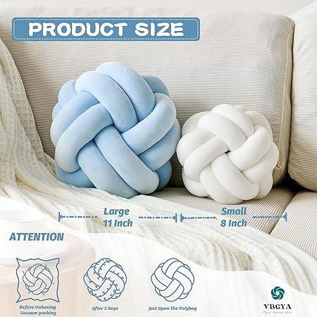 VBGYA Knot Pillow Ball 11" – Soft Light Blue Plush Decorative Cushion | Modern Round Throw Pillow for Sofa, Bed, or Couch | Aesthetic Home &amp; Bedroom Decor
