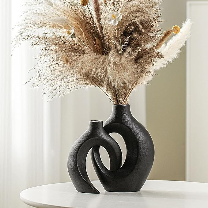 Ceramic Vase Set of 2 – Modern Aesthetic Decorative Vases for Table, Shelf or Mantel (Light Neutral Tone)