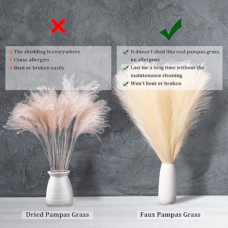 EVODIS Faux Pampas Grass 18” (45cm) – 6 Stems Fluffy Artificial Pampas for Home & Wedding Décor, Boho Chic Vase Filler (White)