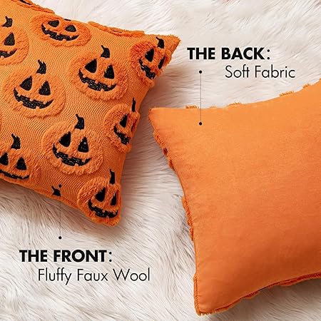 Halloween Pumpkin Pillow Covers – Set of 2 (18x18 Inch) | Retro Orange Decorative Cushion Covers for Couch, Sofa, Porch &amp; Living Room | Cozy Fabric Fall Home Décor