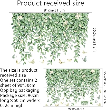 Green Hanging Vine Wall Stickers – Nature Plants & Leaves Wall Decals (2 Sheets)