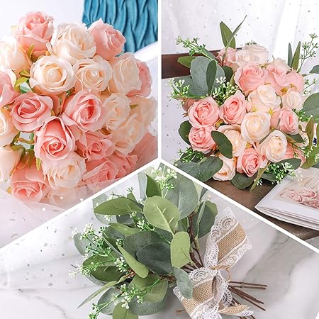 Ageomet 17pcs Artificial Rose Flowers, 12 Silk Fake Flowers Rose and 5 Artificial Eucalyptus Leaves Stems in Bulk, for Home Bridal Wedding Party Festival Decor