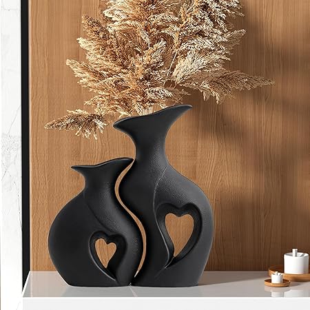 Black and White Heart Shape Ceramic Vase Set of 2 – Modern Boho Hollow Vases | Nordic Minimalist Decorative Flower Vases for Living Room, Shelf, Fireplace &amp; Table Décor
