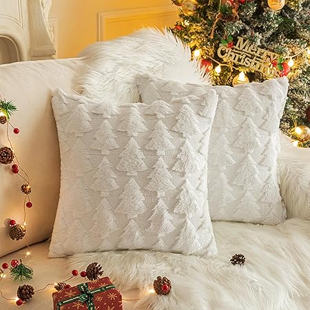KEOYA Christmas Tree Pillow Covers 2 Pack – Soft Plush Faux Fur Jacquard Cushion Covers, White 40x40 cm Decorative Throw Pillows for Sofa, Bed &amp; Holiday Home Décor