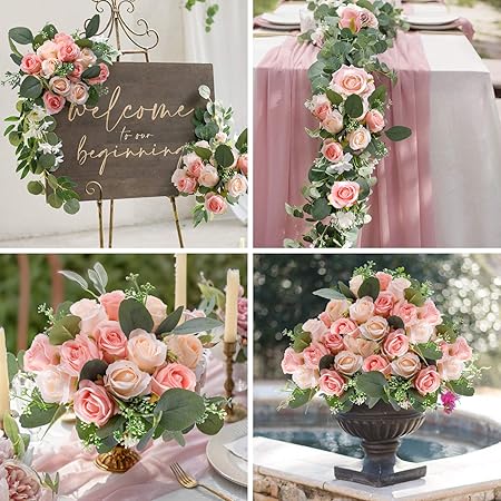 Ageomet 17pcs Artificial Rose Flowers, 12 Silk Fake Flowers Rose and 5 Artificial Eucalyptus Leaves Stems in Bulk, for Home Bridal Wedding Party Festival Decor