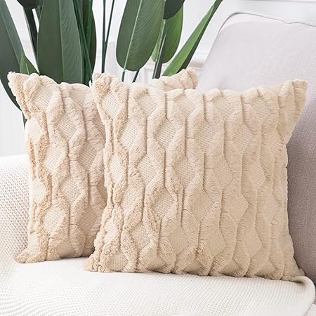 Madizz 24x24 Soft Plush Short Wool Velvet Throw Pillow Covers – Set of 2 Luxury Decorative Cushion Cases for Sofa, Bed &amp; Living Room, Cream Beige