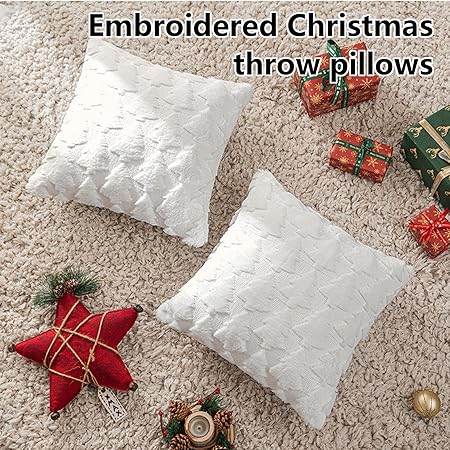 KEOYA Christmas Tree Pillow Covers 2 Pack – Soft Plush Faux Fur Jacquard Cushion Covers, White 40x40 cm Decorative Throw Pillows for Sofa, Bed &amp; Holiday Home Décor