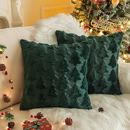 KEOYA Christmas Tree Pillow Covers 2 Pack – Soft Plush Faux Fur Jacquard Cushion Covers, White 40x40 cm Decorative Throw Pillows for Sofa, Bed &amp; Holiday Home Décor