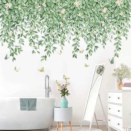 Green Hanging Vine Wall Stickers – Nature Plants & Leaves Wall Decals (2 Sheets)