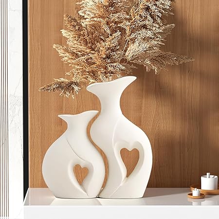 Black and White Heart Shape Ceramic Vase Set of 2 – Modern Boho Hollow Vases | Nordic Minimalist Decorative Flower Vases for Living Room, Shelf, Fireplace &amp; Table Décor